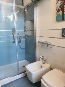 y baño con ducha, aseo y lavamanos. en Casetta panoramica Ariccia, en Ariccia