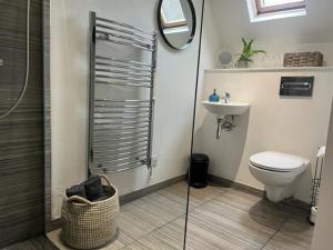 a bathroom with a toilet and a sink and a shower at The Old Farmhouse in Bristol