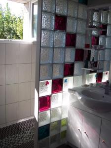 オロンヌ・シュル・メールにあるLe fief des Barresのガラスの壁、洗面台付きのバスルーム