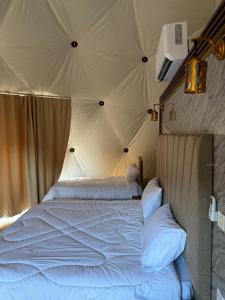 a bedroom with a large bed in a tent at Wadi Rum stael Luxury Camp in Wadi Rum