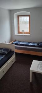 a room with two beds and a window at Penzion Axiom in Frymburk