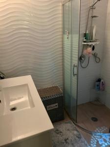 uma casa de banho com um lavatório e uma cabina de duche em vidro. em A private room in a modern apartment near the Belinson/Schneider hospital and the Red Line to Tel Aviv em Petaẖ Tiqwa