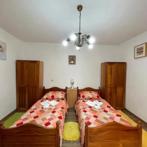 a bedroom with two beds and a chandelier at Dolina mira in Knić