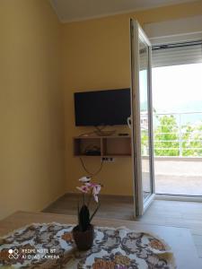 ein Wohnzimmer mit einem TV und einer Blume auf dem Tisch in der Unterkunft Rada in Kavač