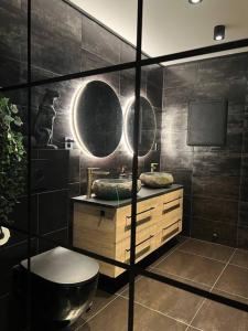 uma casa de banho com WC, lavatório e espelho em Moderne leilighet med 2 soverom, 4 sengeplasser em Trondheim