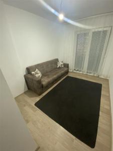 Banes me qera في Gnjilane: غرفة معيشة مع أريكة وسجادة سوداء