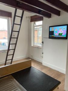 a living room with a tv and a ladder at Unique London Apartment, ideal for Long Stays in Finchley