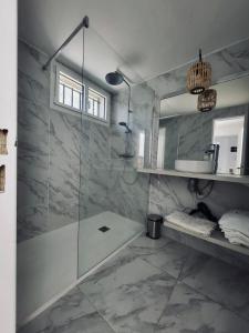 een badkamer met een glazen douche en een wastafel bij VILLA BORD DE MER 6 COUCHAGES AVEC JARDIN ET GARAGE in La Grande-Motte