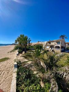 a beach with palm trees and a house on it at Beach House Villa Roca in Cullera