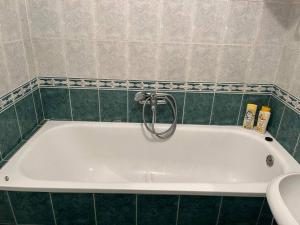 uma banheira branca na casa de banho com WC em Small flat in the city heart em Novi Sad