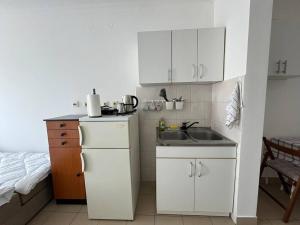 uma pequena cozinha com um lavatório e armários brancos em Small flat in the city heart em Novi Sad