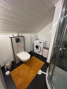 a small bathroom with a toilet and a washing machine at Cozy apartment in Tromsø / Tromsdalen in Tromsø