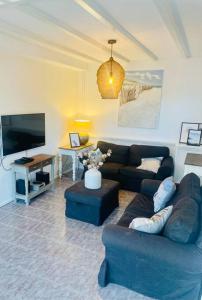 a living room with a couch and a tv at Beach Bungalow - Noordwijk aan Zee in Noordwijkerhout