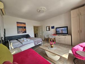 - une chambre avec un lit et un salon dans l'établissement Matea apartman, à Belgrade