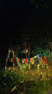 una cadena de banderas de oración por la noche con luces en Triloka Dorm by The Offbeat Crew en Munnar