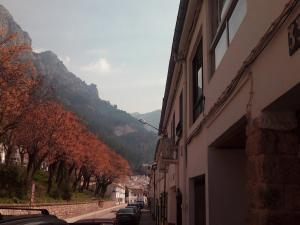 eine Straße mit einem Gebäude, Bäumen und Bergen in der Unterkunft Casa Hortensia in Cazorla