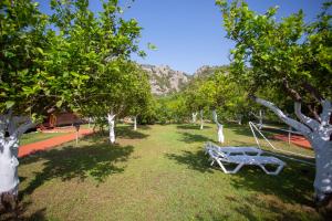 un parque con un banco y árboles con montañas al fondo en Baris Pension & Bungalows, en Cıralı