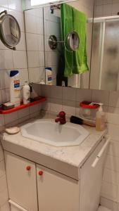 ein Waschbecken mit einem grünen Handtuch und einem Spiegel in der Unterkunft Apart calmo em paris jourdain in Paris