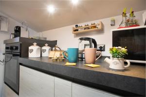 a kitchen with a counter with cups and appliances on it at DEA SUITE APARTMENT - FIUMICINO ROME AIRPORT 5 Min - in Fiumicino