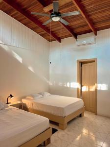 a bedroom with two beds and a ceiling fan at Hotel Exotic Lodge in Puerto Viejo