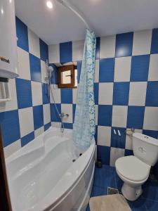 un bagno blu e bianco con vasca e servizi igienici di Apartamentul lui Vlad a Jurilovca