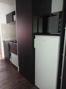 Elle comprend une petite cuisine équipée d'un réfrigérateur noir et blanc. dans l'établissement Village Camarguais Logement 4 personnes, à Arles