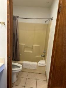 a bathroom with a toilet and a shower at Rama Inn in Washougal