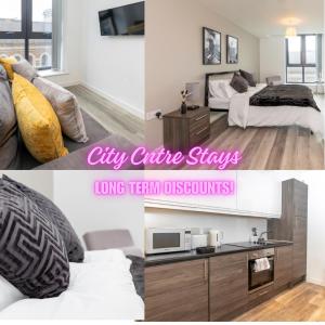 un collage de tres fotos de una habitación de hotel en L1 Comfy Escapes - Long Stay Discounts Apply! en Liverpool