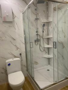 a bathroom with a shower and a toilet at Biebrzańska Przystań 3 in Goniadz +51 photos