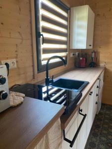 a kitchen with a sink and a counter at Chata Oliva in Banský Studenec +17 photos