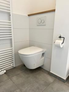 ein weißes WC im Bad mit Toilettenpapier in der Unterkunft Zentrale Altbau-Wohnung mit Charme in Hannover