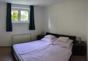 a bedroom with a bed with purple sheets and a window at Little Bear Apartment in Mogyoród