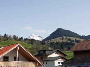 ゾントホーフェンにあるBerggasthof Sonne Allgäuの山を背景とした家屋群