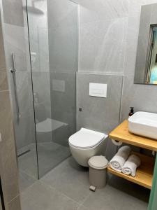Un baño con ducha, inodoro y lavabo. en EMAR Beachfront Hotel Ksamil, en Ksamil