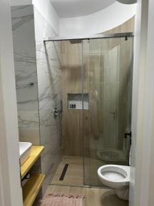 um banheiro com vaso sanitário e box de vidro em Saranda Lotus Apartment em Sarandë