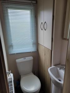 a small bathroom with a toilet and a sink at Highfield Grange Holiday Park in Little Clacton