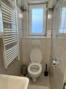 a small bathroom with a toilet and a window at Ferienwohnung Lara in Tiefgraben +9 photos