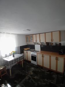 a kitchen with a stove and a table in it at Cazare La Oana in Haţeg