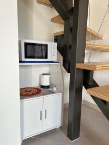 a microwave sitting on top of a white cabinet in a room at Cà Rosa in Poviglio