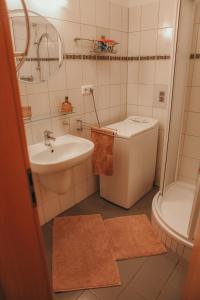 La petite salle de bains est pourvue d'un lavabo et de toilettes. dans l'établissement Cozy apartment in the heart of the historic city, à Bratislava