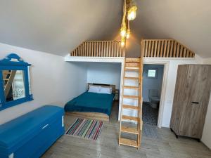a bedroom with a bunk bed and a ladder at La Casute in Jurilovca