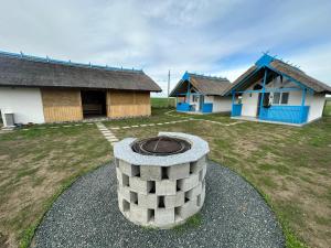 a house with a fire pit in the yard at La Casute in Jurilovca
