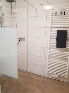 ein Badezimmer mit Dusche mit Glastür in der Unterkunft Ferienwohnung Alte Landstube in Hürtgenwald