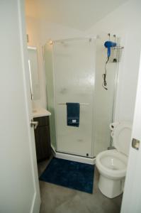 a bathroom with a shower and a toilet at Niagara Escape Crib: 3km from NiagaraFalls in Niagara Falls