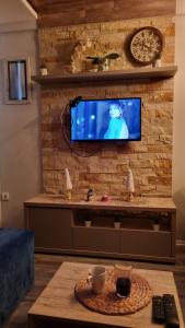 een woonkamer met een tv aan een bakstenen muur bij Apartman Premier 32 Milmari in Kopaonik