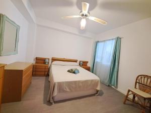 Schlafzimmer mit einem Bett und einem Deckenventilator in der Unterkunft Amplio piso con terraza a 50 m de playa Miramar in Miramar