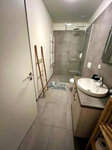 a bathroom with a toilet and a sink and a shower at Modern luxury apt downtown in Reykjavík