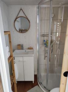 uma casa de banho com um chuveiro e um lavatório. em La Casetta em Gattières