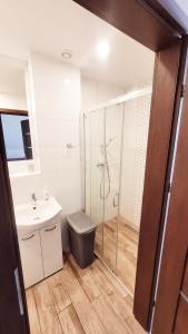 a bathroom with a shower and a sink at apartamenty nad jeziorem in Turawa