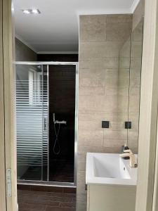 a bathroom with a sink and a glass shower at Villa Joanne in Alexandroupoli